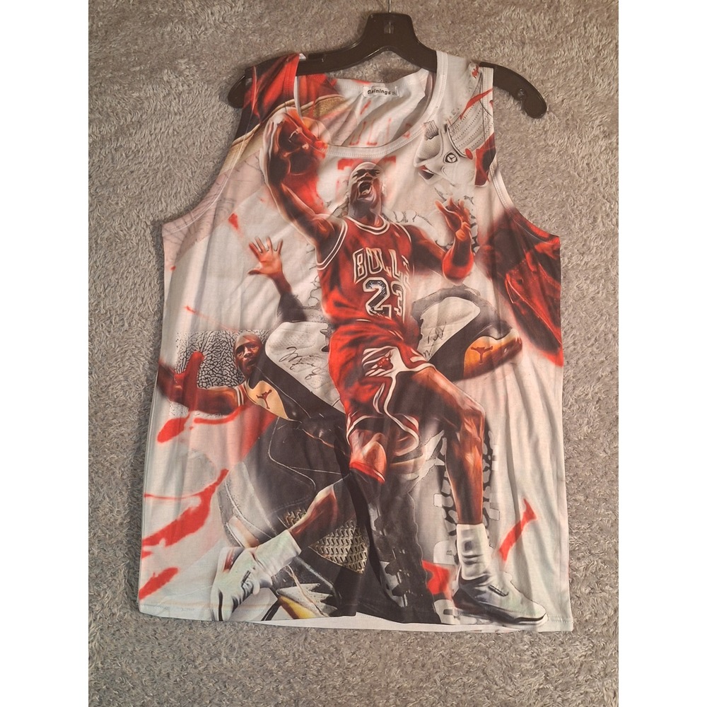 Gainings Michael Jordan Basketball Graphic Tank Top Red White Mens 2XL 90s Style